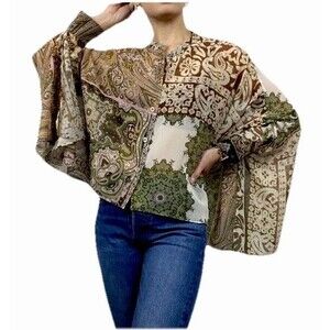 Women’s Boho Whimsy Zara Sheer Paisley Button Cape Blouse Patchwork Size M